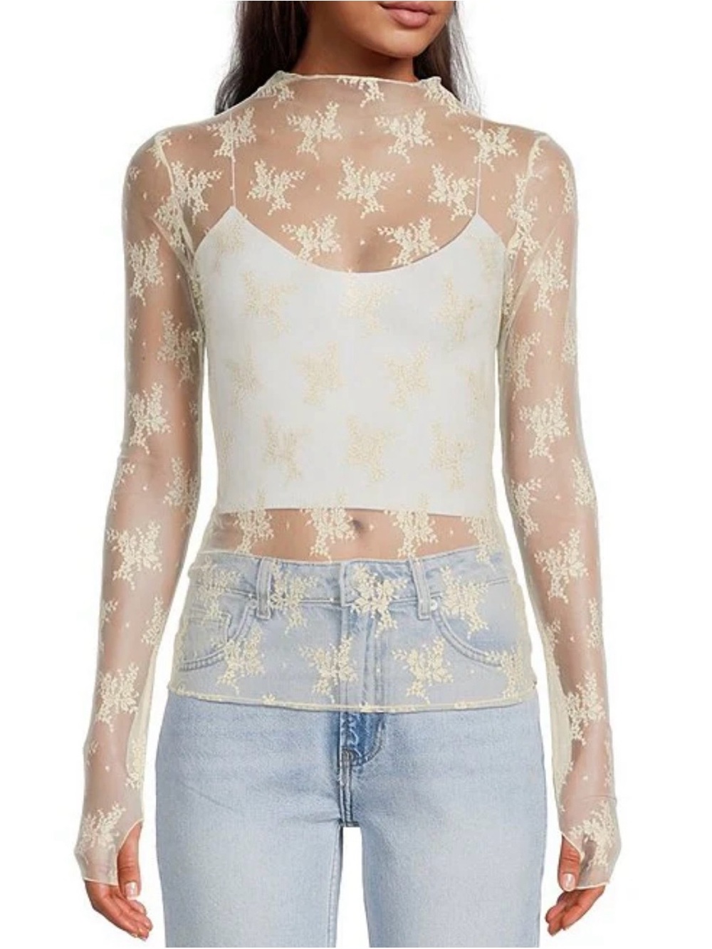 NWT Free People Cream Sheer Lace Long Sleeve Layering Top